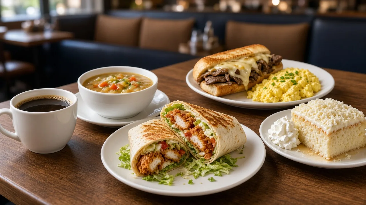 A crispy chicken wrap with a cup of soup, a Philly cheesesteak with scrambled eggs, a slice of tres leches cake and a mug of coffee on a restaurant table